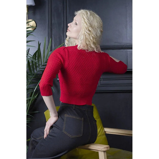 Banned Retro Fara Cardigan in Rot, Baumwoll-Strickjacke mit Wabenstruktur und 3/4-Ärmeln, Produktfoto 1