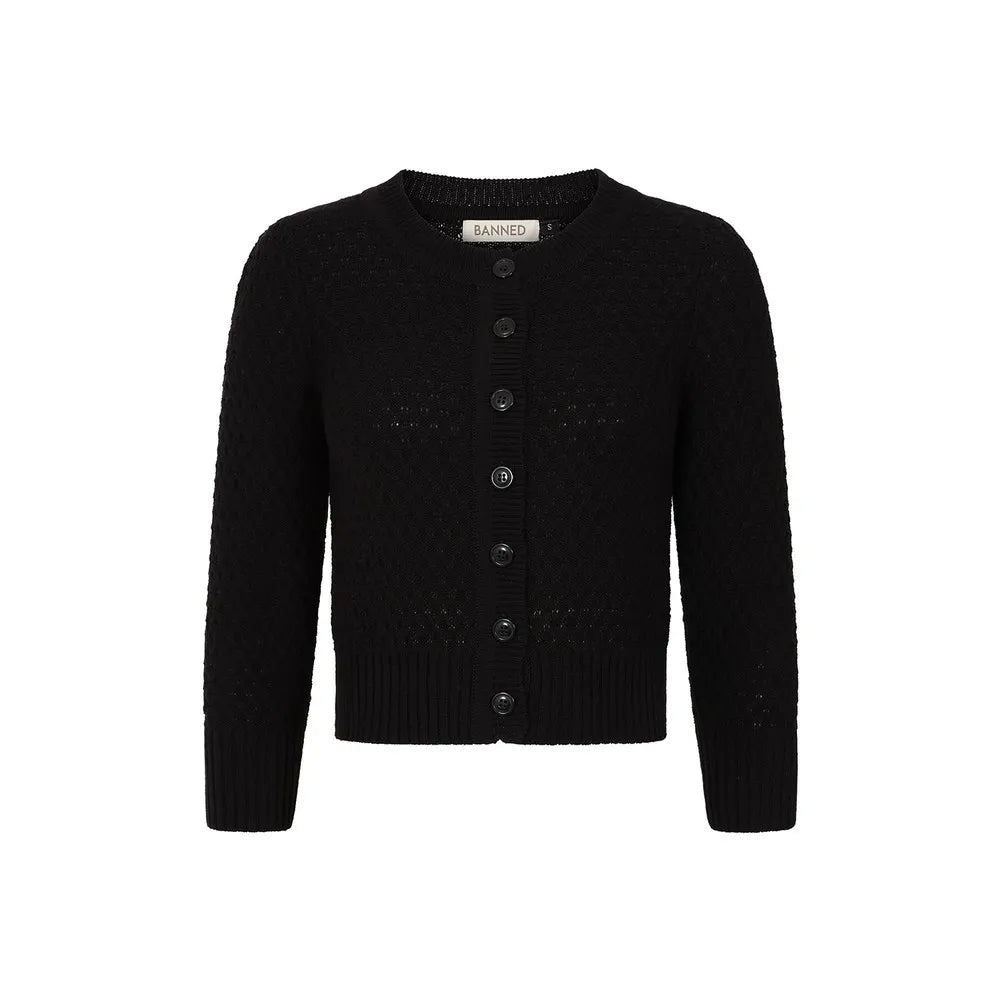 Banned Retro Fara Cardigan in Schwarz, Baumwoll-Strickjacke mit Wabenstruktur und 3/4-Ärmeln, Produktfoto 2