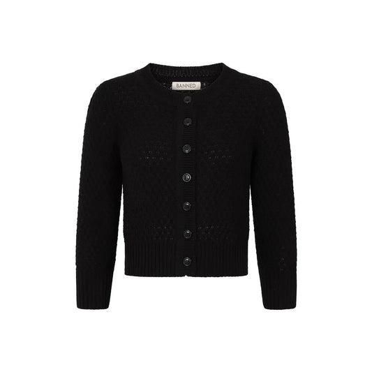 Banned Retro Fara Cardigan in Schwarz, Baumwoll-Strickjacke mit Wabenstruktur und 3/4-Ärmeln, Produktfoto 2