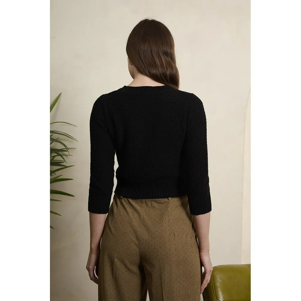 Banned Retro Fara Cardigan in Schwarz, Baumwoll-Strickjacke mit Wabenstruktur und 3/4-Ärmeln, Produktfoto 3