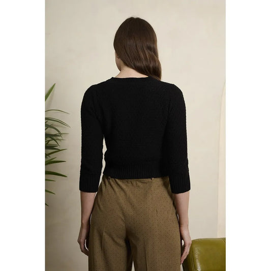 Banned Retro Fara Cardigan in Schwarz, Baumwoll-Strickjacke mit Wabenstruktur und 3/4-Ärmeln, Produktfoto 3