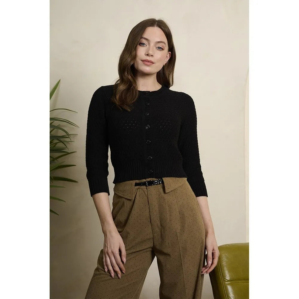 Banned Retro Fara Cardigan in Schwarz, Baumwoll-Strickjacke mit Wabenstruktur und 3/4-Ärmeln, Produktfoto 4