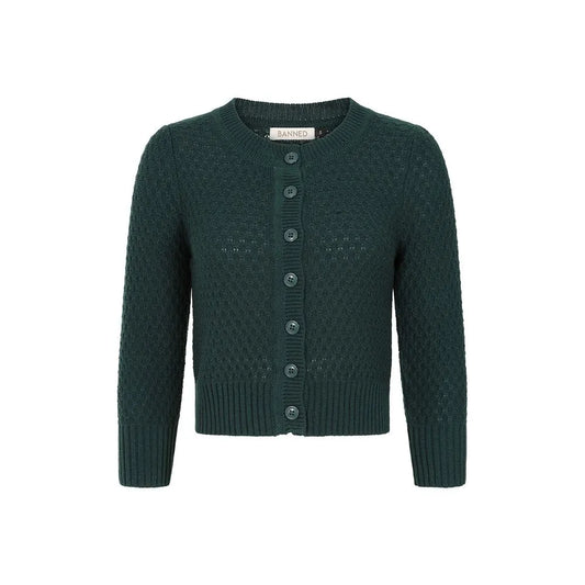Banned Retro Fara Cardigan in Waldgrün, Baumwoll-Strickjacke mit Wabenstruktur und 3/4-Ärmeln, Produktfoto 3