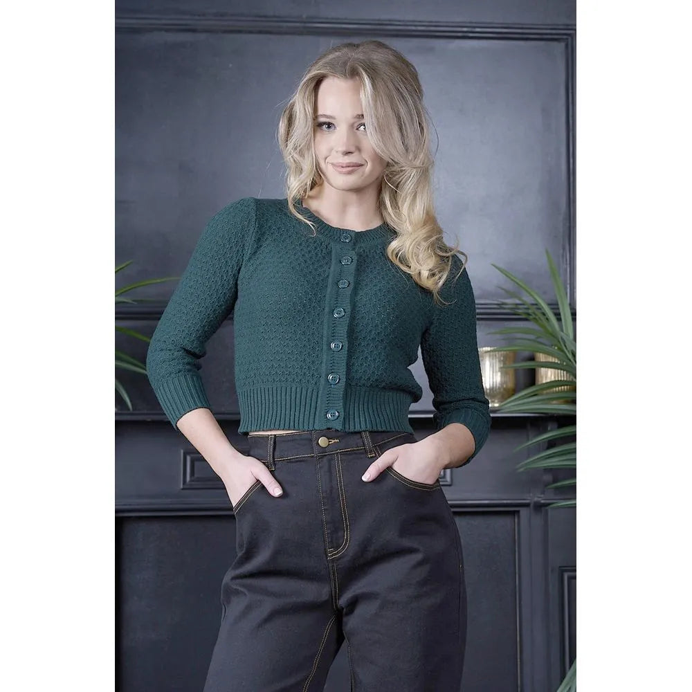 Banned Retro Fara Cardigan in Waldgrün, Baumwoll-Strickjacke mit Wabenstruktur und 3/4-Ärmeln, Produktfoto 5