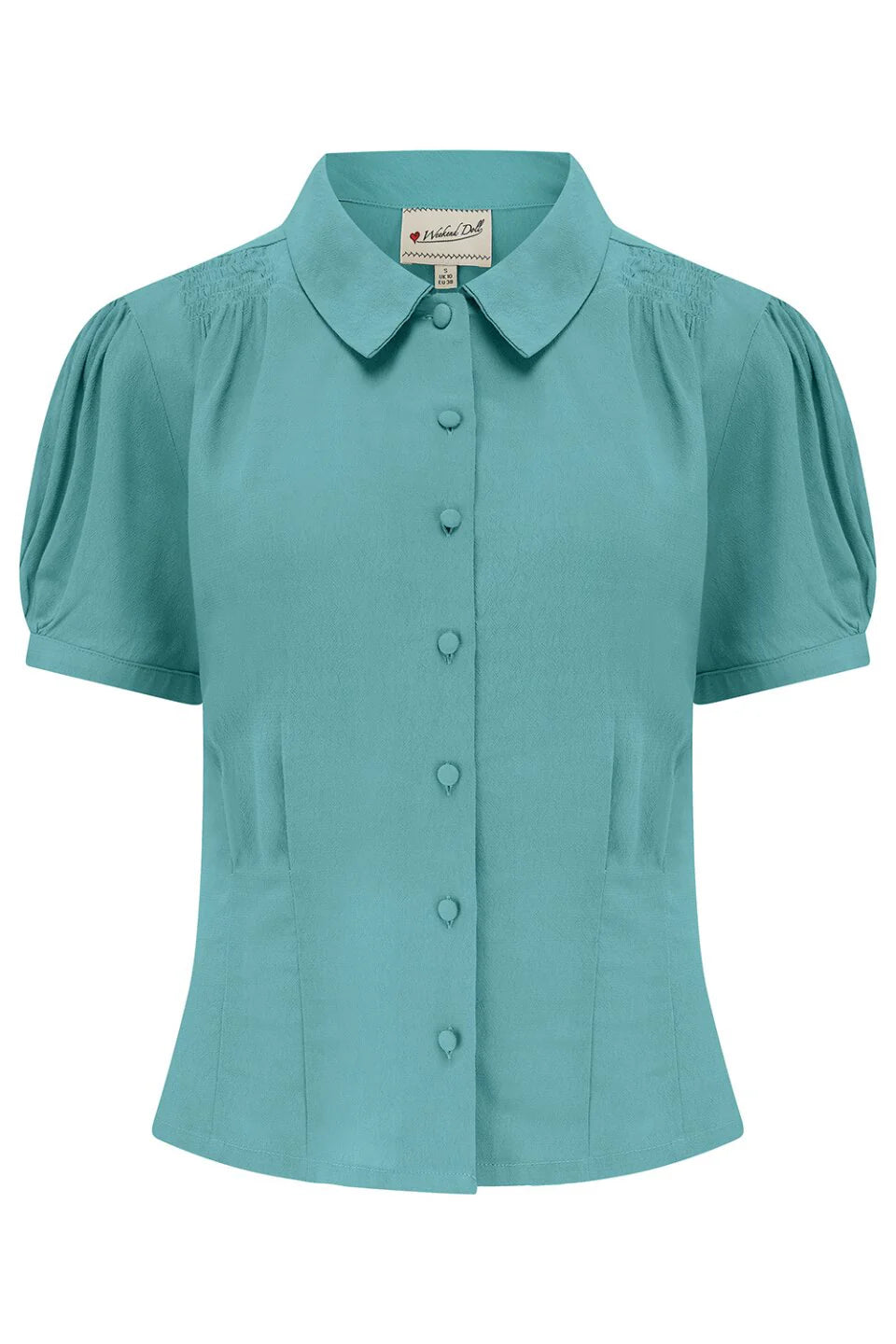 Weekend Doll Bette Blouse in Teal mit Peter-Pan-Kragen und bezogenen Knöpfen in der Vorderansicht