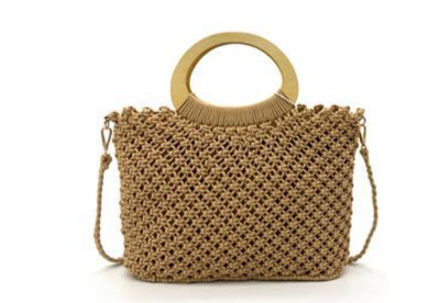 Seiltasche in Taupe mit Holzgriffen und Schulterriemen