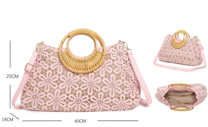 Elegante Spitzentasche mit Schulterriemen und Bambusgriffen in Rosa