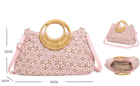 Elegante Spitzentasche mit Schulterriemen und Bambusgriffen in Rosa