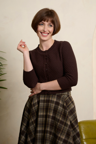 Brauner Vintage Cardigan von Banned Retro mit feiner Wabenstruktur