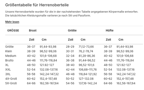 Größentabelle