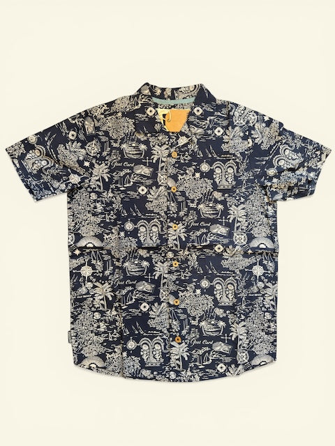 Herrenhemd navy Print Brakeburn Vintage Kurzarm Baumwolle