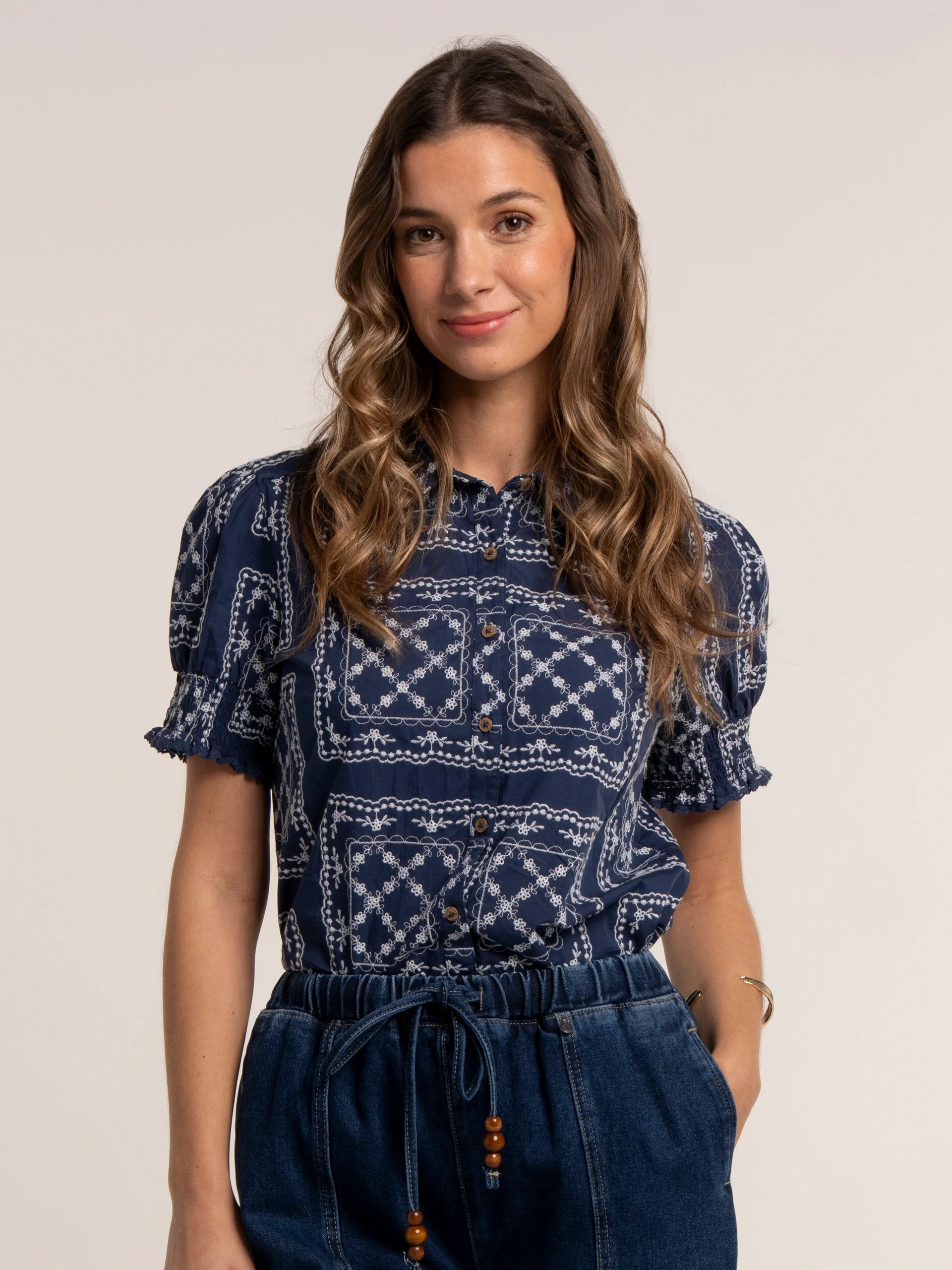 Vintage Bluse Damen navy bestickt Baumwolle kurzarm