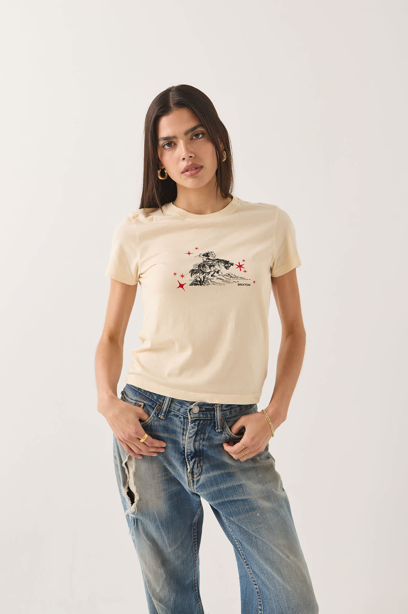 Brixton Mid Century Ranch Damen T-Shirt Whitecap mit Vintage Western Print
