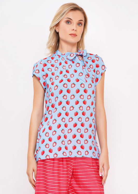Schleifenbluse Anna Berries Vintage Damenbluse Erdbeer Print blau