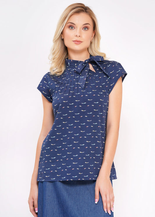 Schleifenbluse Anna Swimmer Blau Vintage Damenbluse Baumwolle