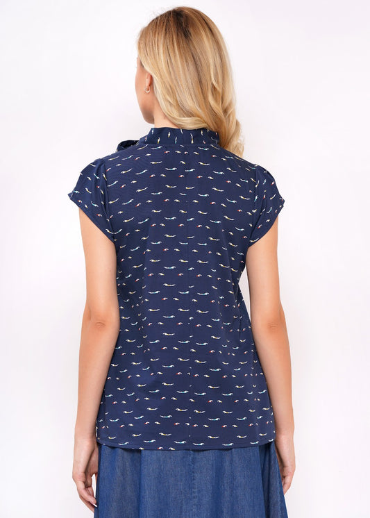 Sommerbluse Damen blau leicht Baumwolle Retro Stil