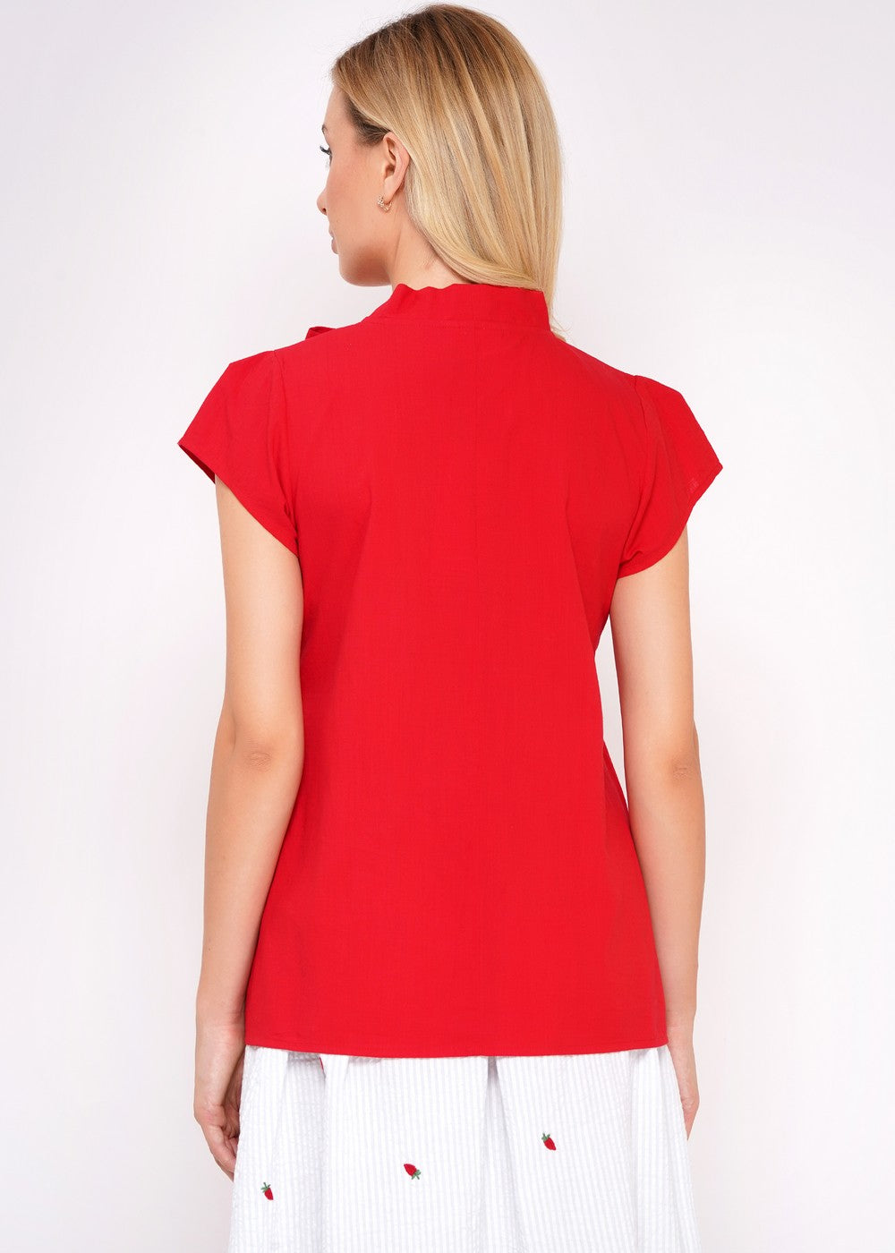 Detailansicht Schluppenbluse Anna rot – Baumwollbluse Damen