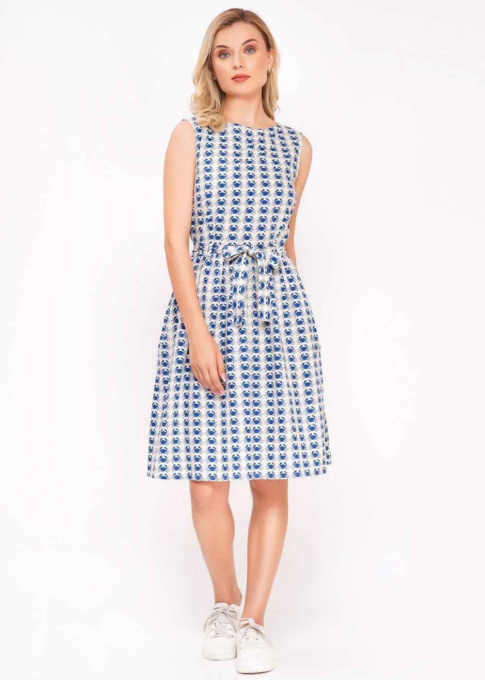 Maritimes Damenkleid mit Krabben-Print blau ivory