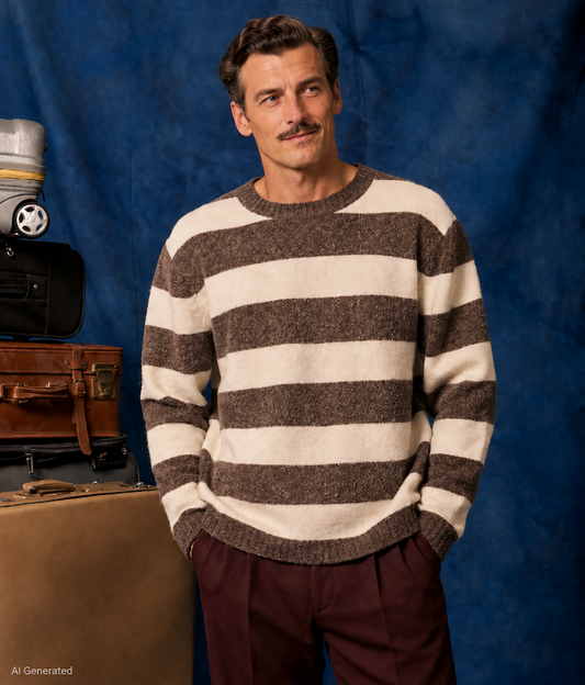 CG Booker Herren Strickpullover creme-braun gestreift – Rundhalspullover mit Wolle und Alpaka