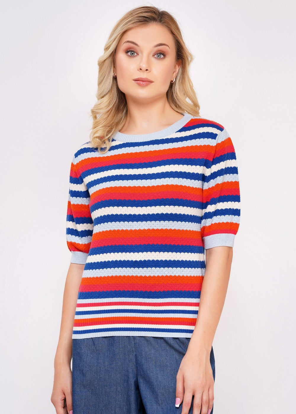 Gestreifter Strickpulli Damen aus Bio-Baumwolle – light blue