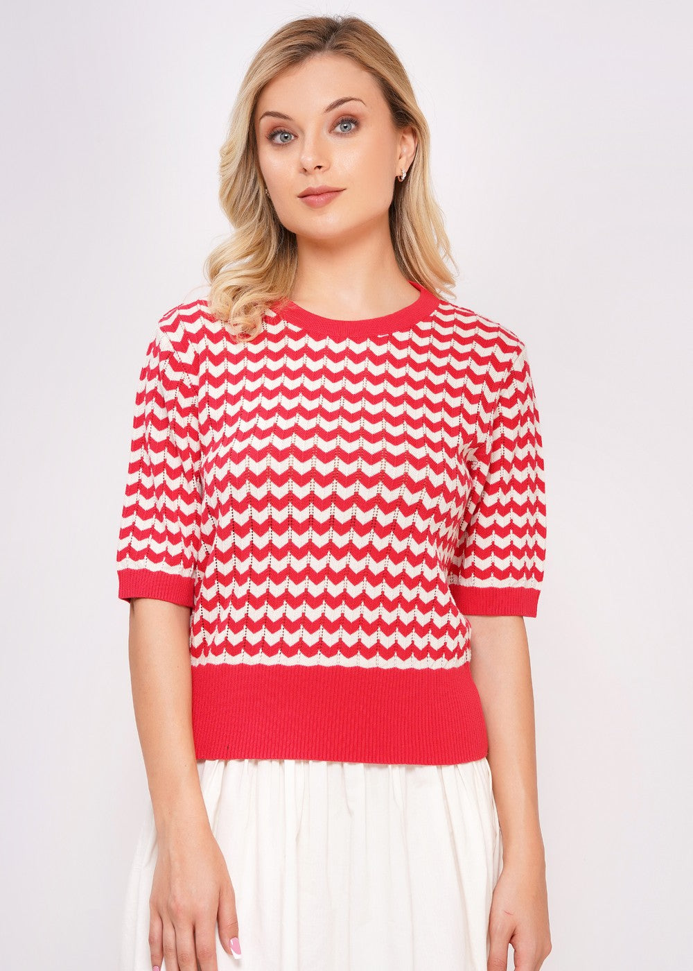 Strickpullover Damen Hibiscus Muster rot weiß Organic Cotton