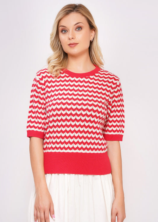 Strickpullover Damen Hibiscus Muster rot weiß Organic Cotton