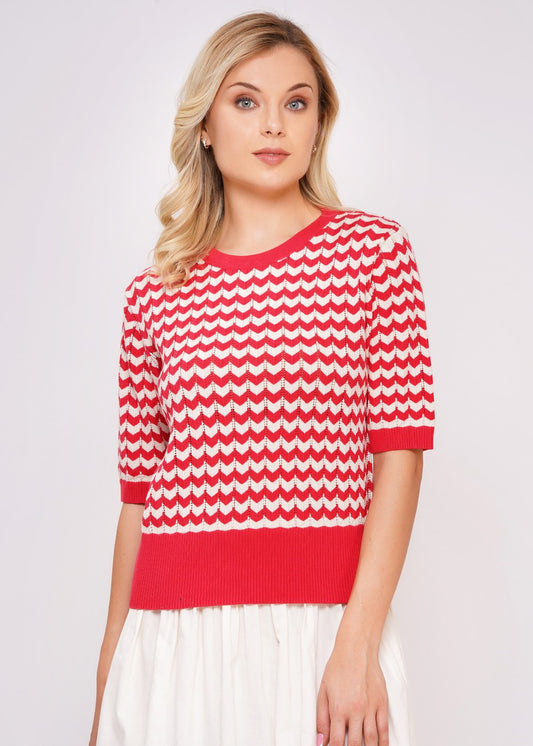 Vintage Strickpulli Hibiscus rot-creme aus Bio-Baumwolle Damenmode