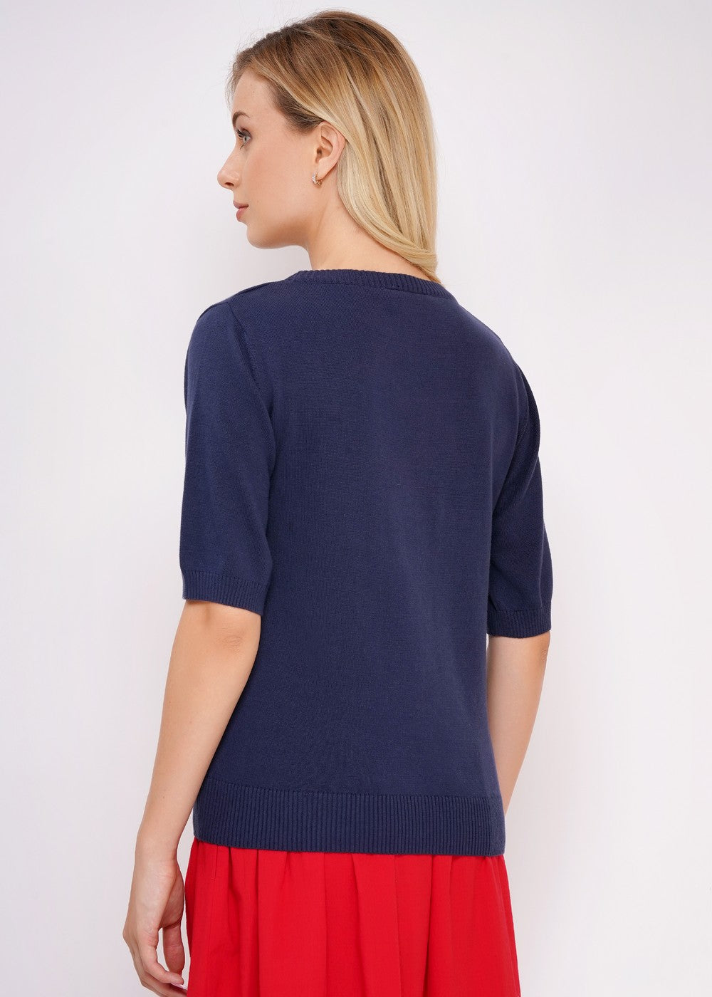 Rückansicht blauer Strickpulli für Damen aus Bio-Baumwolle im Vintage-Stil, Circus Clothing