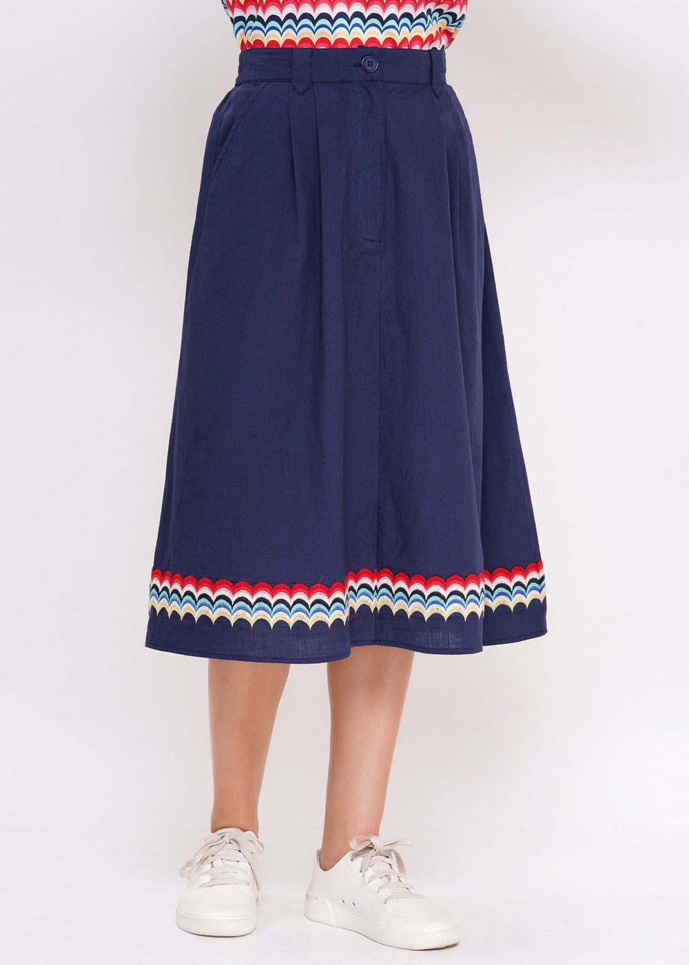Navy Damen Rock mit Stickerei Saum – Vintage Stil