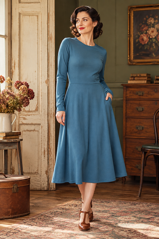 Vintage Winterkleid Estelle in Eisblau mit langen Ärmeln und weit ausgestelltem Rock