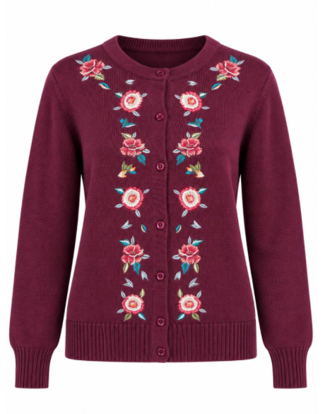 Bordeauxrote Strickjacke Romantic mit bunter Blütenstickerei und Knöpfen