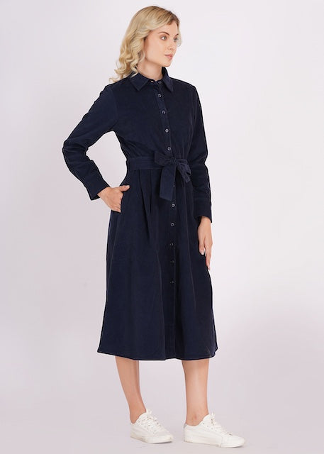 Rückenansicht des dunkelblauen Circus Clothing Cordkleids Mood Indigo