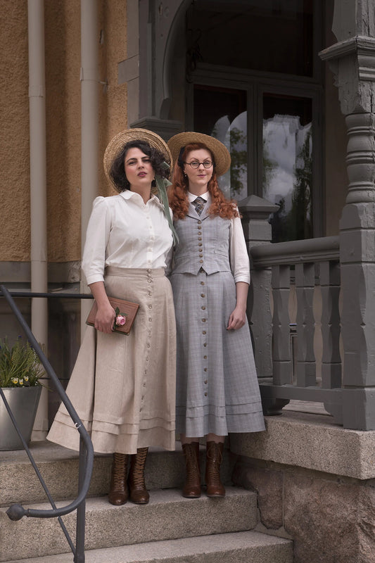 Karierter Damenrock aus Baumwoll-Leinen-Mix mit Taschen