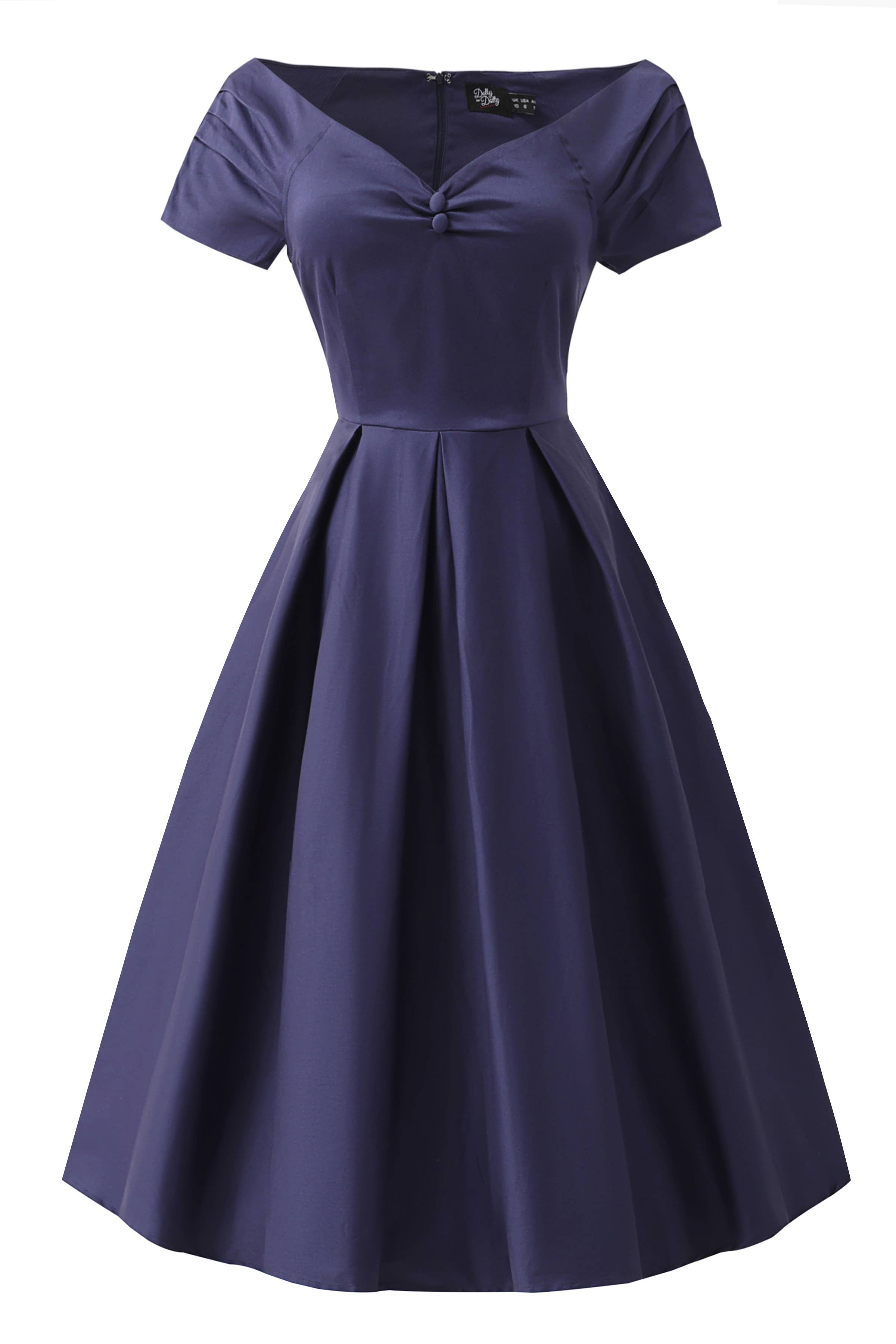Dolly & Dotty Lily marineblaues 50er Jahre Kleid mit Carmen-Ausschnitt und weitem Rock
