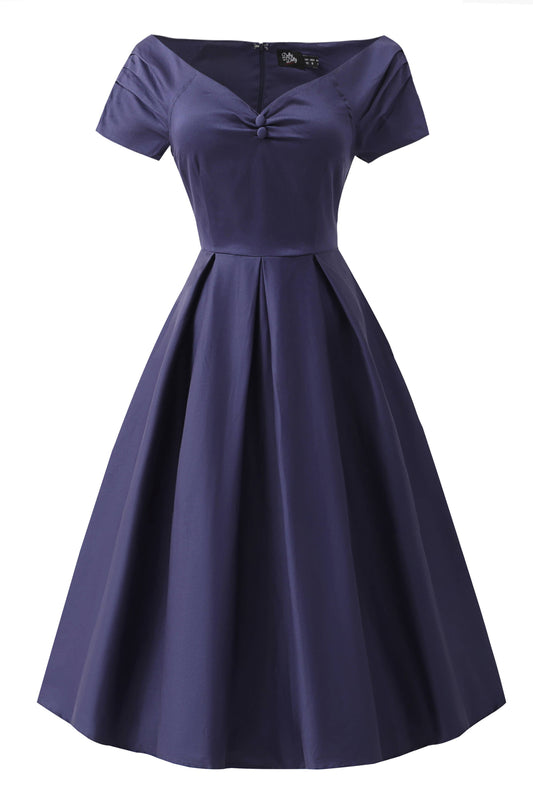 Dolly & Dotty Lily marineblaues 50er Jahre Kleid mit Carmen-Ausschnitt und weitem Rock