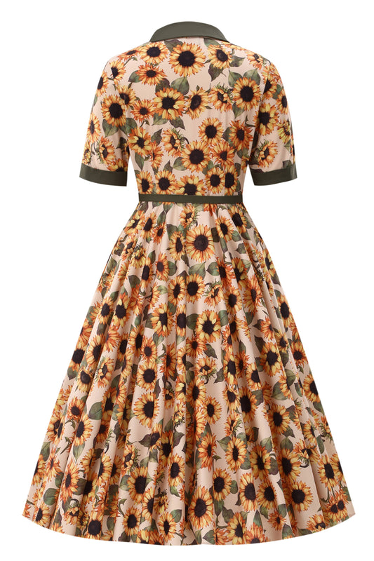 Sonnenblumenprint des Mollie 50er Jahre Hemdkleids aus Baumwolle