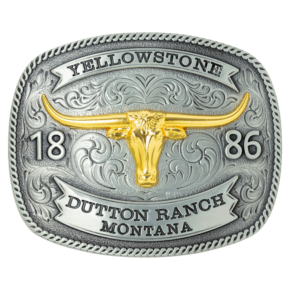 Yellowstone Gürtelschnalle Longhorn Silber Gold Dutton Ranch Montana 11 x 9 cm