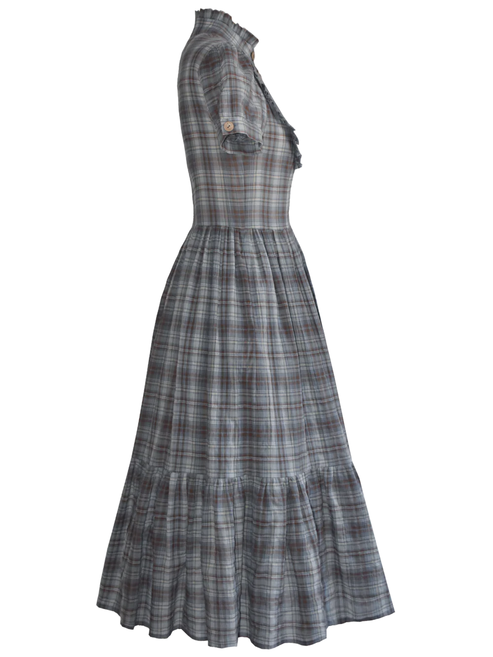 Vintage Midi Kleid kariert mit Puffärmeln und Rüschenkragen femkit