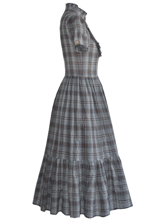 Vintage Midi Kleid kariert mit Puffärmeln und Rüschenkragen femkit