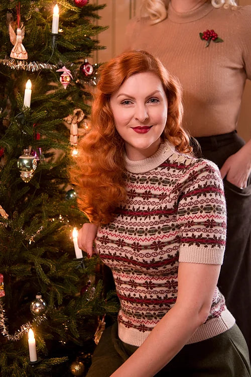 Kurzarm Merino Fair Isle Pullover Creme Rot