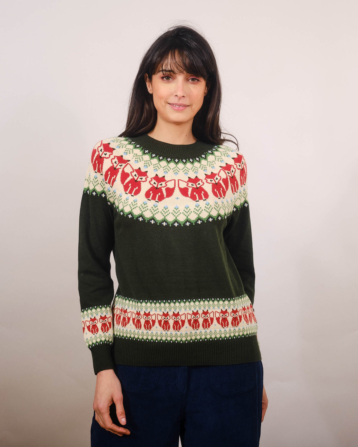 Pretty Vacant Fairisle Strickpulli FOX Baumwolle grün mit roten Fuchs-Motiven Damenmode