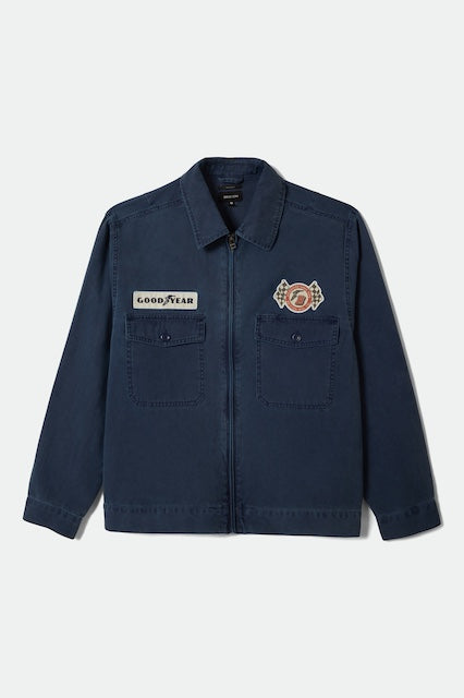 Brixton Goodyear Coaches Jacket Herren navy mit großer Rückenstickerei im Vintage Workwear Stil
