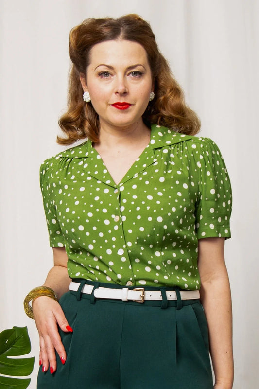 Vintage Bluse Damen grün mit weißen Punkten