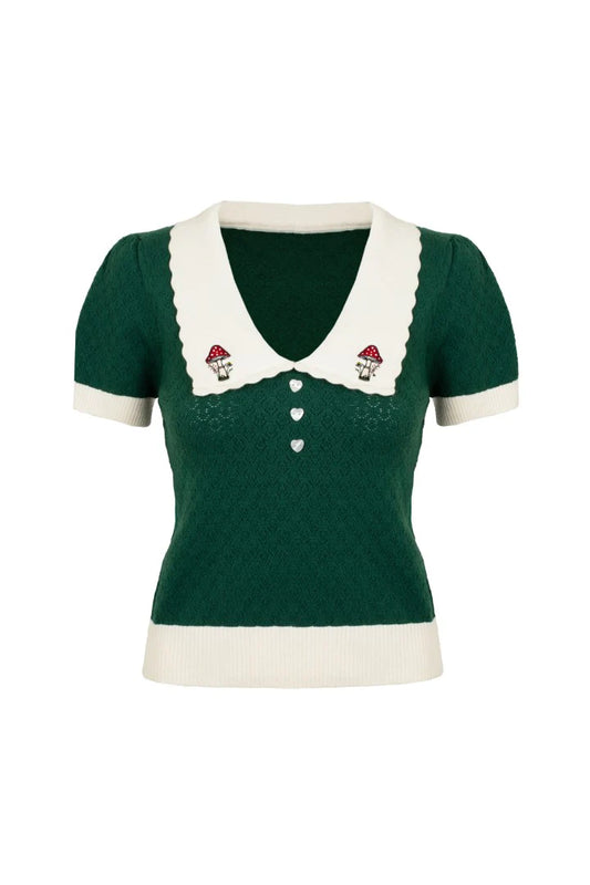 Retro Stricktop Genevieve in Grün mit Pilzstickerei und Puffärmeln – Vintage Damenmode