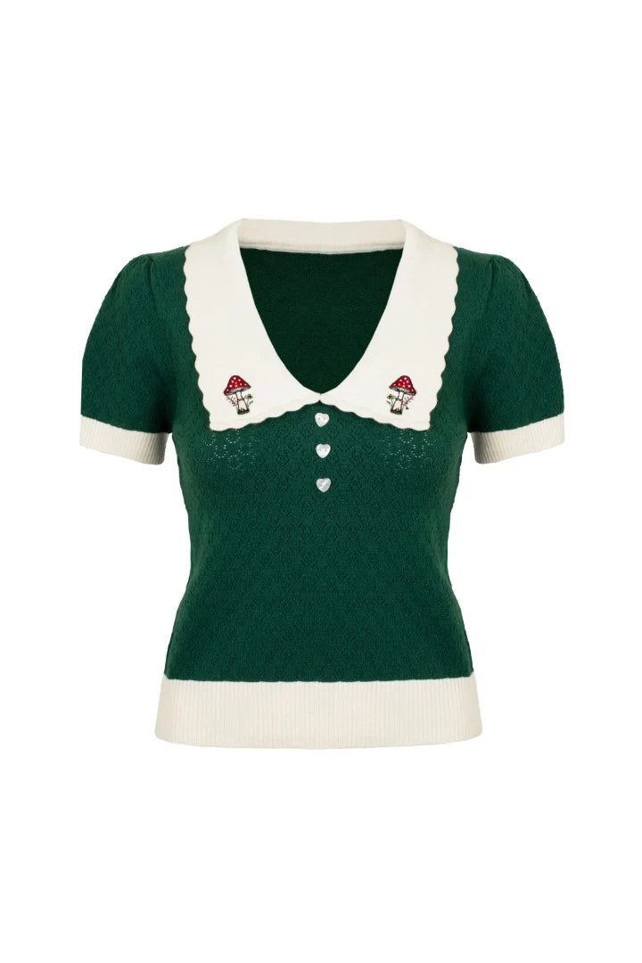 Retro Stricktop Genevieve in Grün mit Pilzstickerei und Puffärmeln – Vintage Damenmode