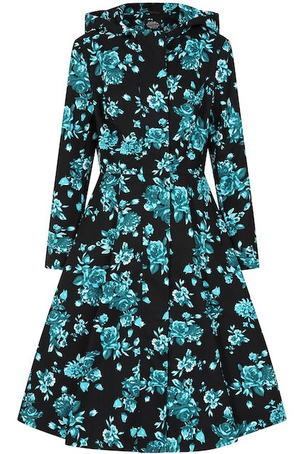 Keira 50er-Jahre Regenmantel von Hearts & Roses mit weit ausgestelltem Rockteil und feminin betonter Taille.