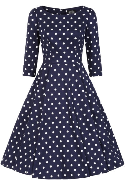 Blakely Polka Dot Kleid von H&R London getragen in Marineblau im 50er Jahre Stil