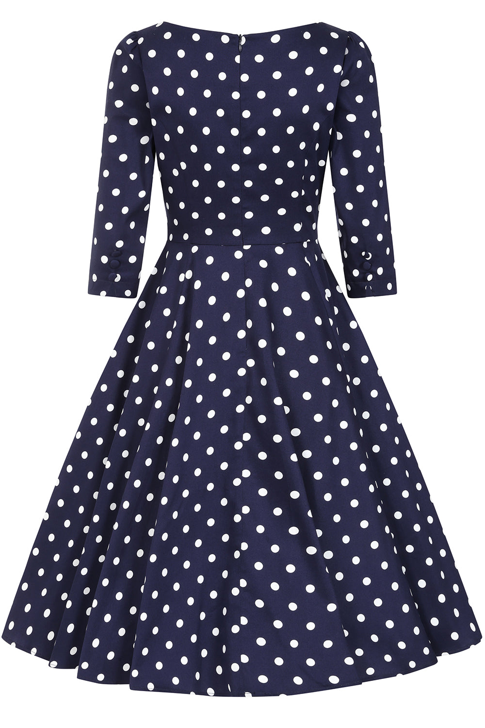 Rückansicht Blakely Kleid marineblau mit weißen Polka Dots

