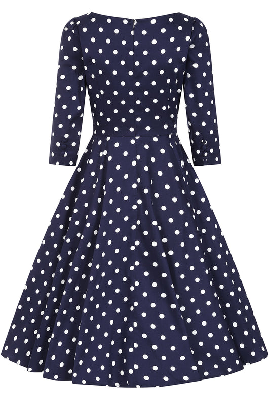 Rückansicht Blakely Kleid marineblau mit weißen Polka Dots
