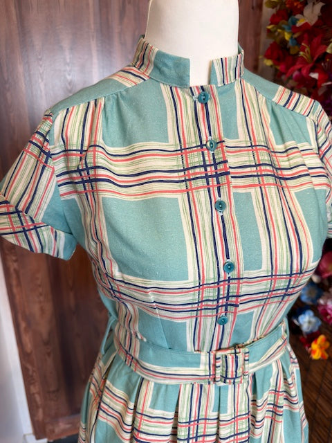 Louise Dress Teal Checks Hemdblusenkleid Damen Vintage Vorderansicht